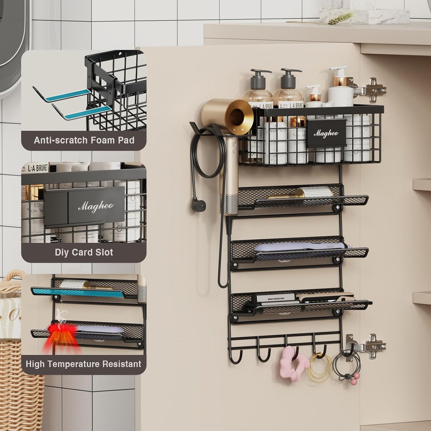 Magheo Hair Dryer Holder Cabinet Door 3-in-1 Adhesive Hair Tool Organizer Wall Mounted Adjustable Height Blow Dryer Holder Under Sink Bathroom Hair Appliance Organizer and Storage Countertop(Black)