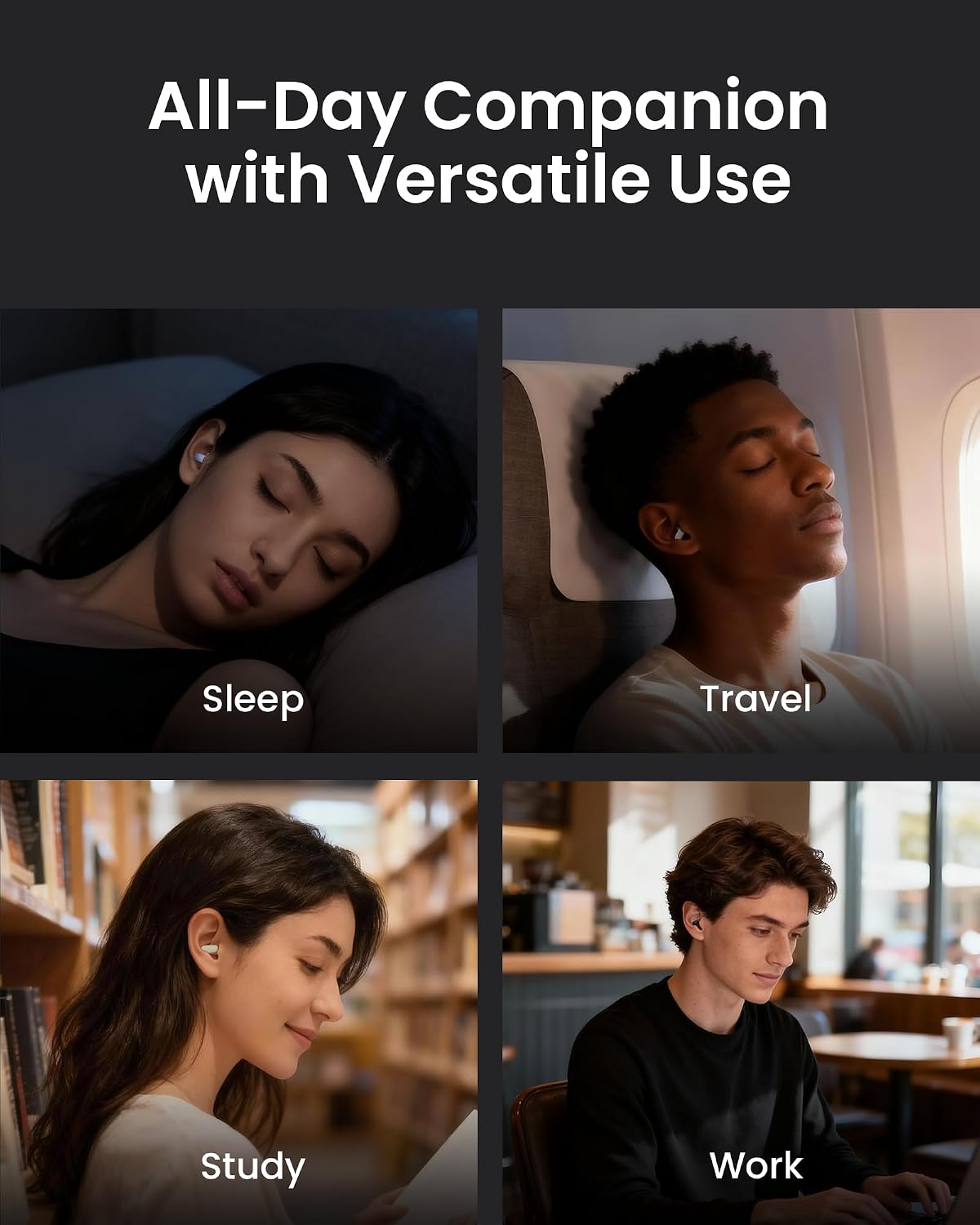 Ear Plugs for Sleeping Comfortable Mid Noise Cancelling Earplugs | All-night Wear without Ear Pain for Side Sleeper Patent Qufits Eartips 23dB Reusable Earplugs for Sleep, Travel - Black