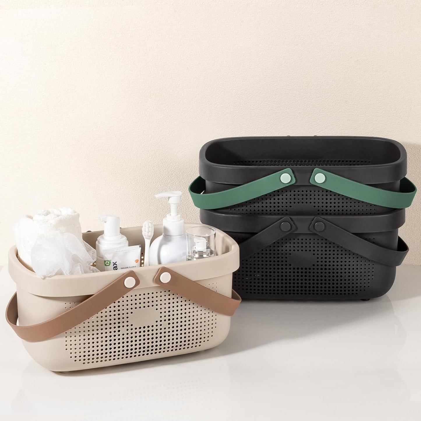 JiatuA Plastic Storage Basket with Handle Portable Shower Caddy Tote Organizer Basket Bin for Bathroom Kitchen Dorm Room Bedroom, Green | Sturdy Drainage Large Capacity Organizer Basket with Silicone Handles for Bathroom Kitchen Bedroom College Dorm