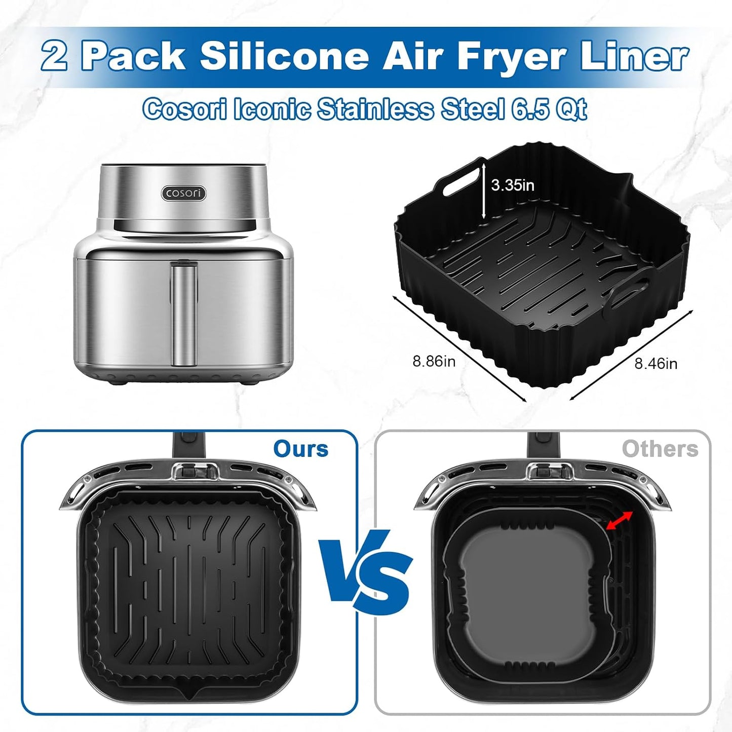 Silicone Air Fryer Liners for COSORI Iconic Stainless Steel 6.5 Qt 2 Pack | Square Reusable Non-Stick Basket Inserts for 6.5 QT Air Fryers, Dishwasher Safe, BPA-Free