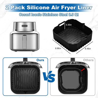 Silicone Air Fryer Liners for COSORI Iconic Stainless Steel 6.5 Qt 2 Pack | Square Reusable Non-Stick Basket Inserts for 6.5 QT Air Fryers, Dishwasher Safe, BPA-Free