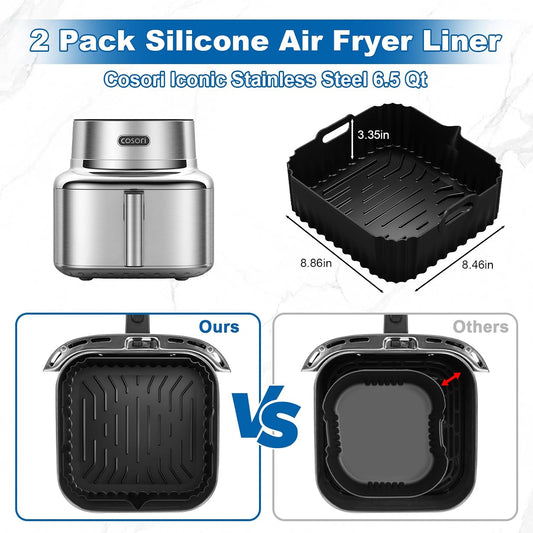 Silicone Air Fryer Liners for COSORI Iconic Stainless Steel 6.5 Qt 2 Pack | Square Reusable Non-Stick Basket Inserts for 6.5 QT Air Fryers, Dishwasher Safe, BPA-Free