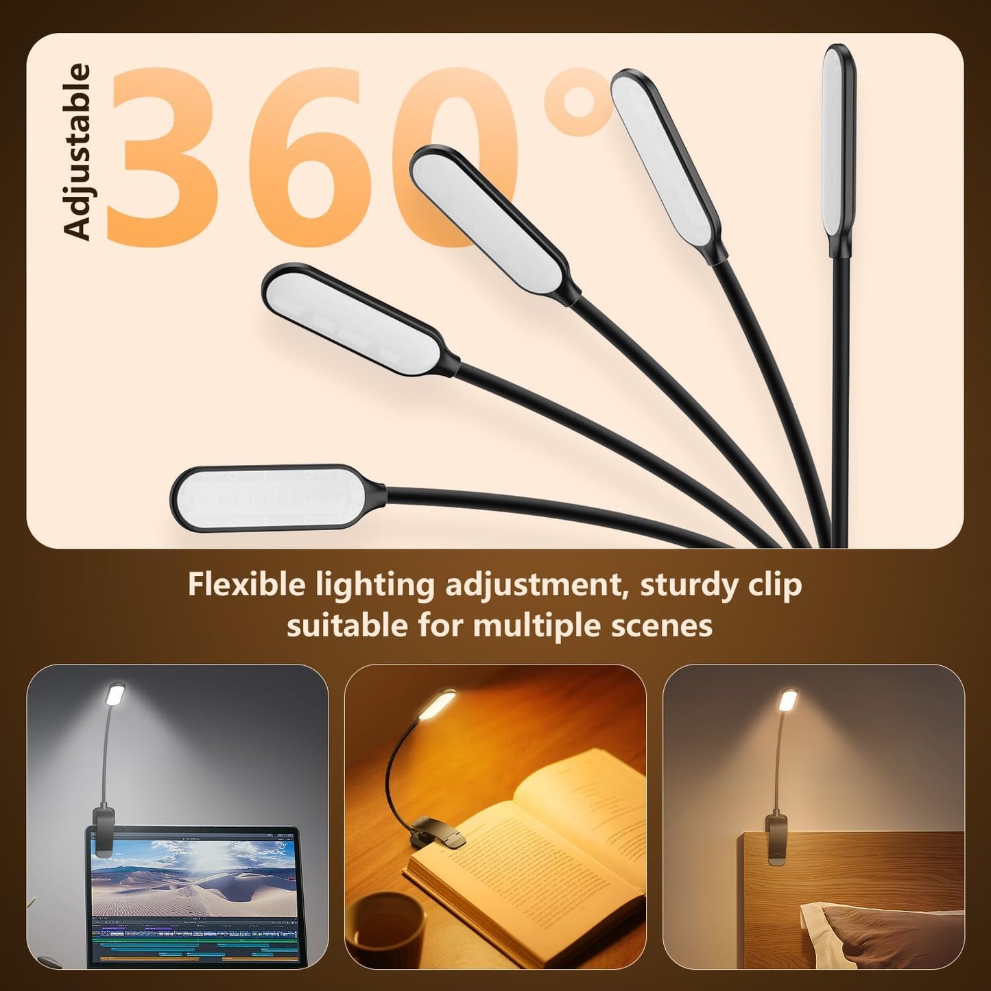 20 Led Book Light Clip On, USB Rechargeable Reading Light, Eye Caring 3 Color Temperatures, Adjustable Brightness, Portable, Sturdy Clamp Light Suitable for Traveling and People Studying Etc. (White1)