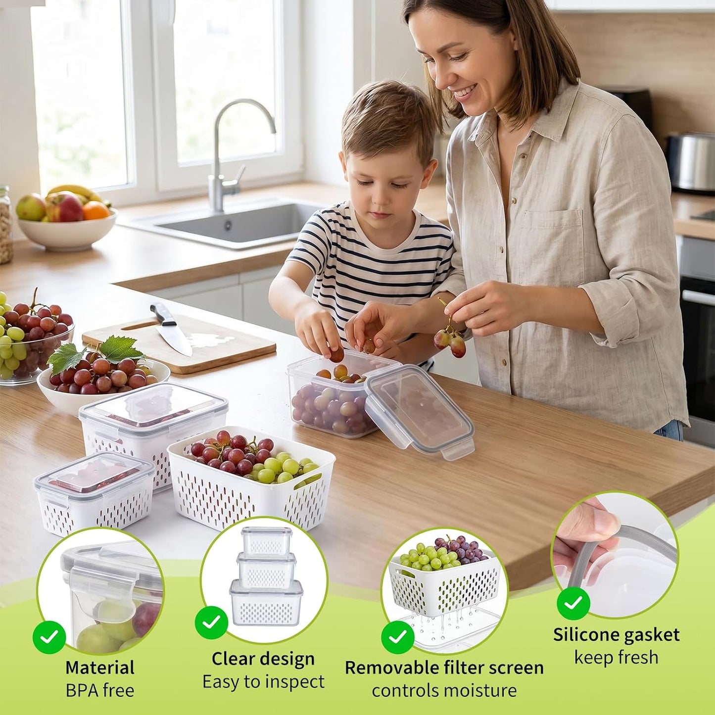 Fruit Storage Containers for Fridge, Grape Organizers with Removable Colander, 3-Pack No-Leak Design, Durable and Easy to Clean, Keeps Grapes Fresh, Perfect for Fridge Storage and Organization