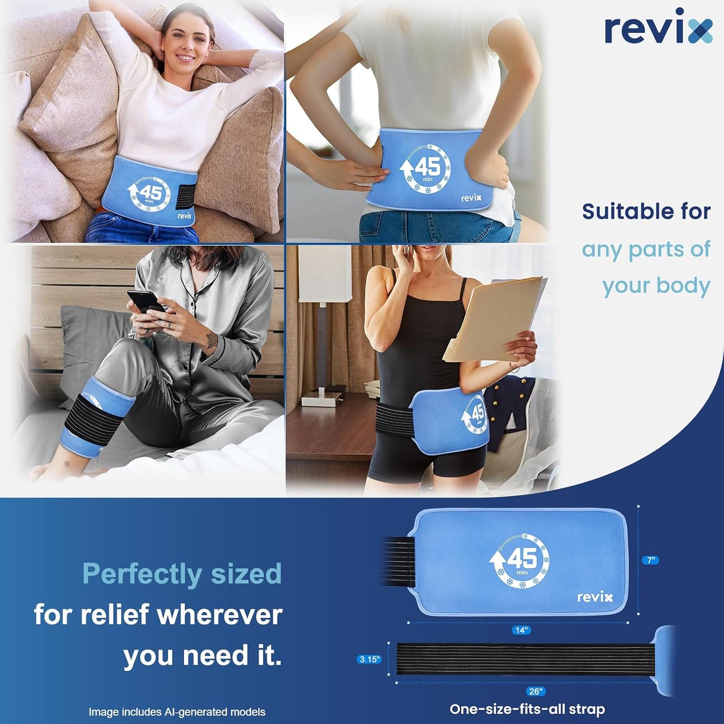 REVIX Ice Pack for Injuries Reusable, 14 × 7" Gel Cold Compress with Strap | 45-Min Long-Lasting Gel Cold Pack for Knee, Shoulder, Lower Back, Leg, Flexible Ice Wrap, Universal Use for Arm, Hip