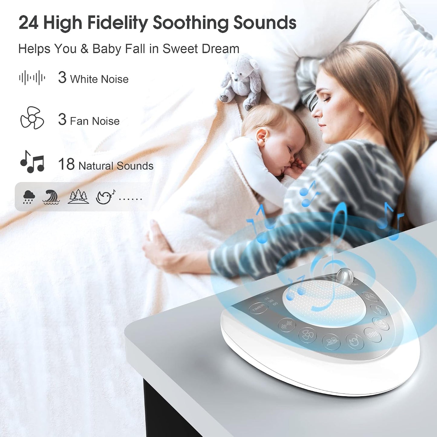 Mesqool Portable White Noise Machine with 24 Soothing Sounds for Sleep | Timer and memory function, headphone jack, USB charging, and AC or battery power for babies, kids, adults and travel