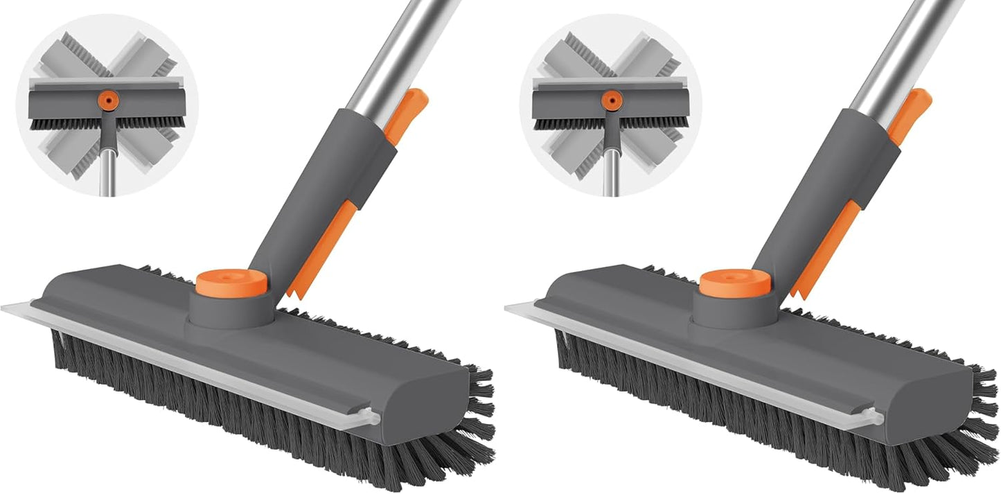 AIR U+ Floor Scrub Brush with Long Handle, 3-in-1 Rotating Head & Squeegee | Stiff Dual-Sided Bristle Scrubber for Shower, Bathroom, Kitchen and Patio, 30–50 In Handle for Easier Stand-up Cleaning