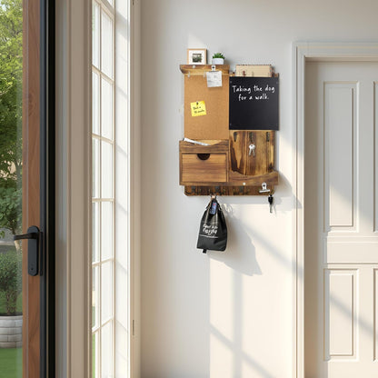 Key Holder for Wall Mount with Shelf and Mail Organizer, Key and Mail Holder with 16 Hooks, Farmhouse Entryway Organizer, Home Decor Rack (Pine Wood, White Washed)