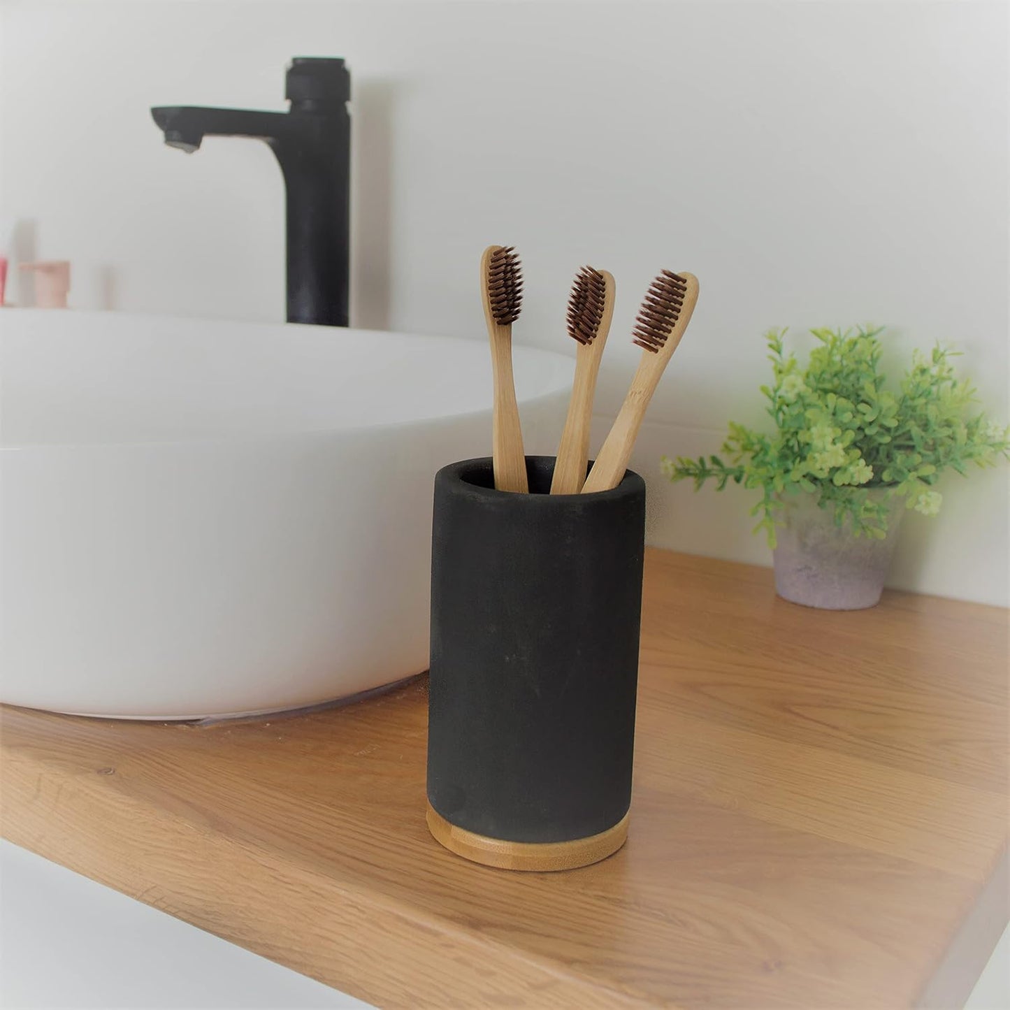 Matani Bamboo Toothbrush Holder Diatomite Tooth Brush Organizer - Storage Stand for Small Bathroom & Counter - Removable Base & Drain Holes, Water-Absorbent & Quick-Drying (Brown)