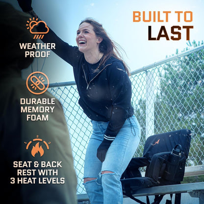 Heated Stadium Seats for Bleachers with Back Support – USB Battery Included - Upgraded 3 Levels of Heat - Foldable Chair - Cushioned, 4 Pockets for Snacks, Cup Holder - for Camping, Games & Sports