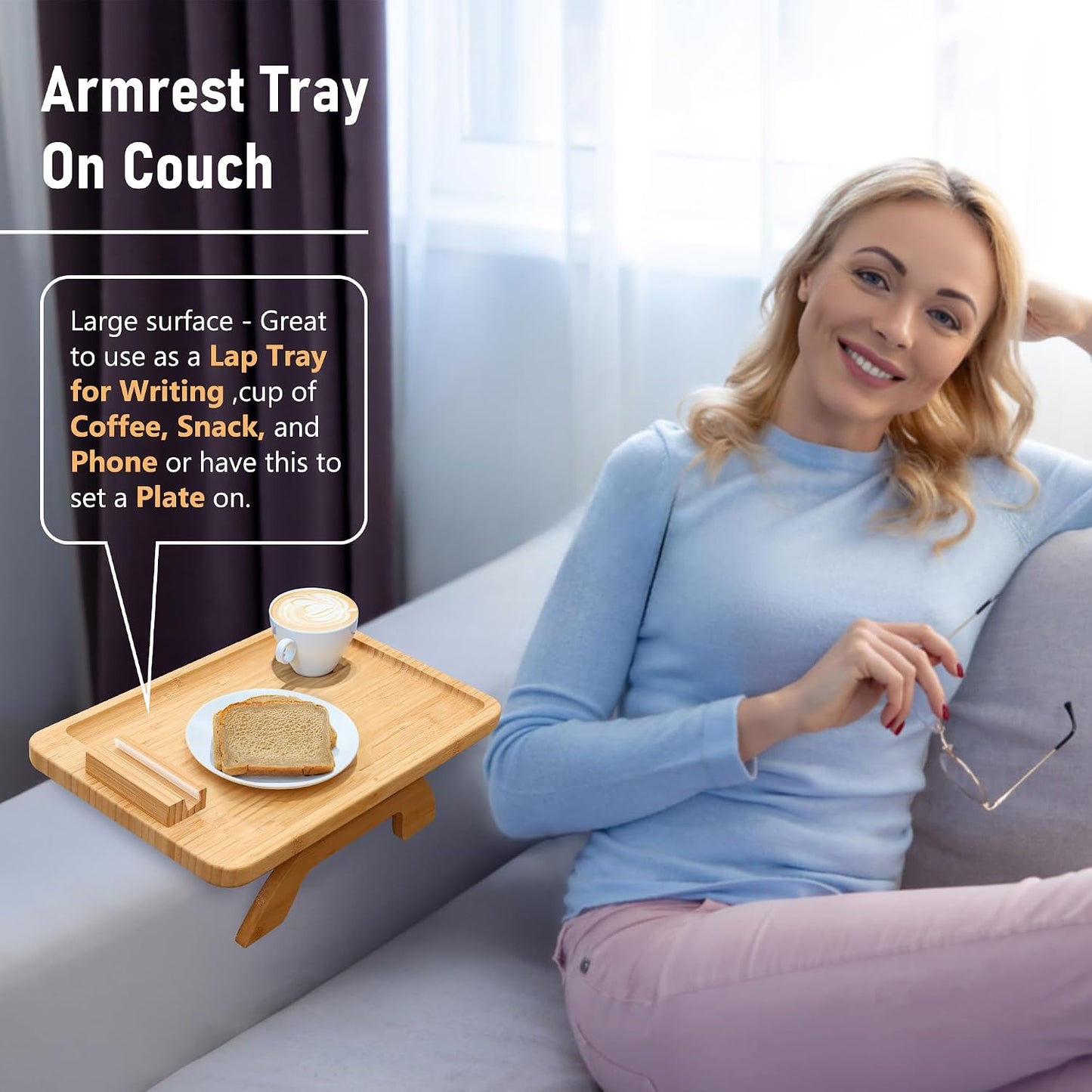Couch Arm Tray,Bamboo Sofa Clip on Side Table,Foldable Couch Armrest Table with 360°Rotating Phone Holder,Anti Slip Food Trays for Eating/Drinks/Snacks/Remotes 15.35" x 9.85"