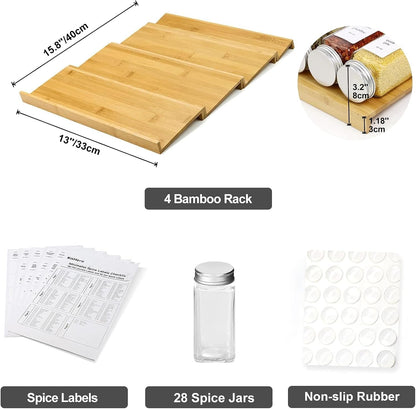 Spice Drawer Organzier,4 Tiers Bamboo Spice Rack Tray Insert for Cabinet Drawer Countertop, Kitchen Seasoning Storage Drawer Organization,14.57" Wide x 15.8" Deep （Hold UP To 32 Jars