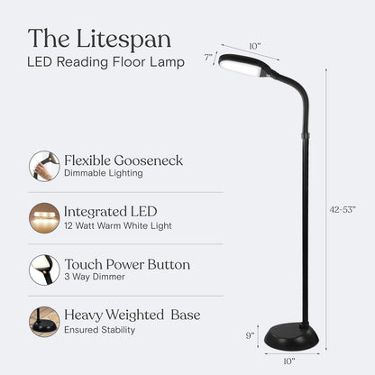 Brightech Litespan - Bright LED Floor Reading Lamp for Over Chair Crafts and Reading, Esthetician Light for Lash Extensions, Gooseneck Adjustable Standing Lamp for Living Room, Bedroom, Office - Black