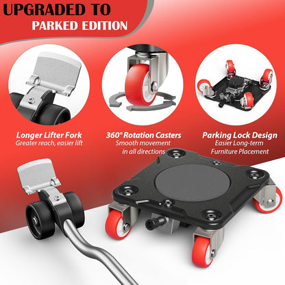 Heavy Duty Furniture Movers with 5-Wheel Dollies, Furniture Dolly Set with Lifter & Base, 360° Swivel Casters, Non-Slip Pads, Up to 2000 lbs Load Capacity