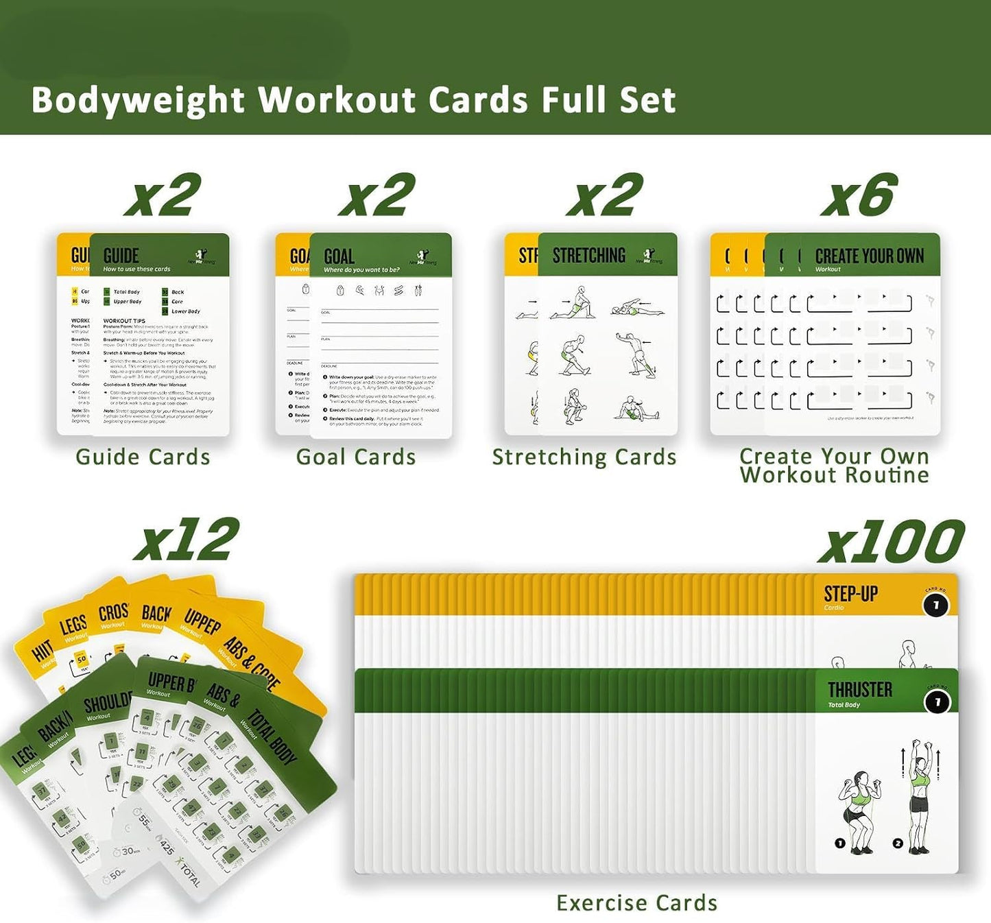 Bodyweight & Dumbbell Workout Cards - 100 Large 5"x3.5" Exercise Cards with 24 Strength Moves, Home & Gym Fitness Cards for Men & Women, Beginner Fitness Guide