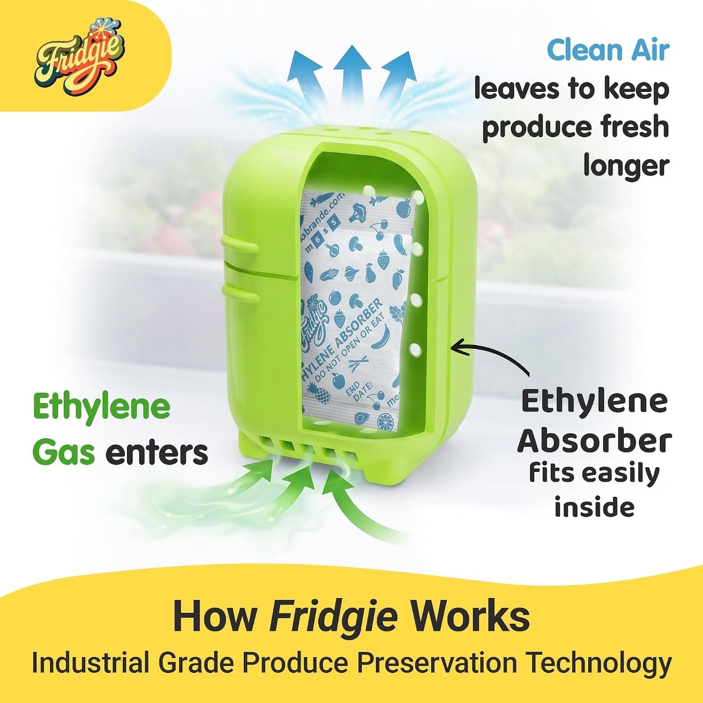 Fridgie Produce Saver, Ethylene Gas Absorber, Fridge Lettuce Keeper - Blue | 4 refill packets, lasts up to 1 year, slows ripening, reduces food waste, crisper drawer, protects berries, herbs, greens