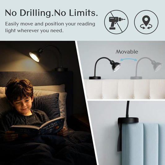 Solfres Patented Innovative Design Headboard Reading Light. No Drilling Golden Book Light for Bedtime Reading. Dimmable LED Book Reading Lamp with Bulb. Movable & Flexible, Black
