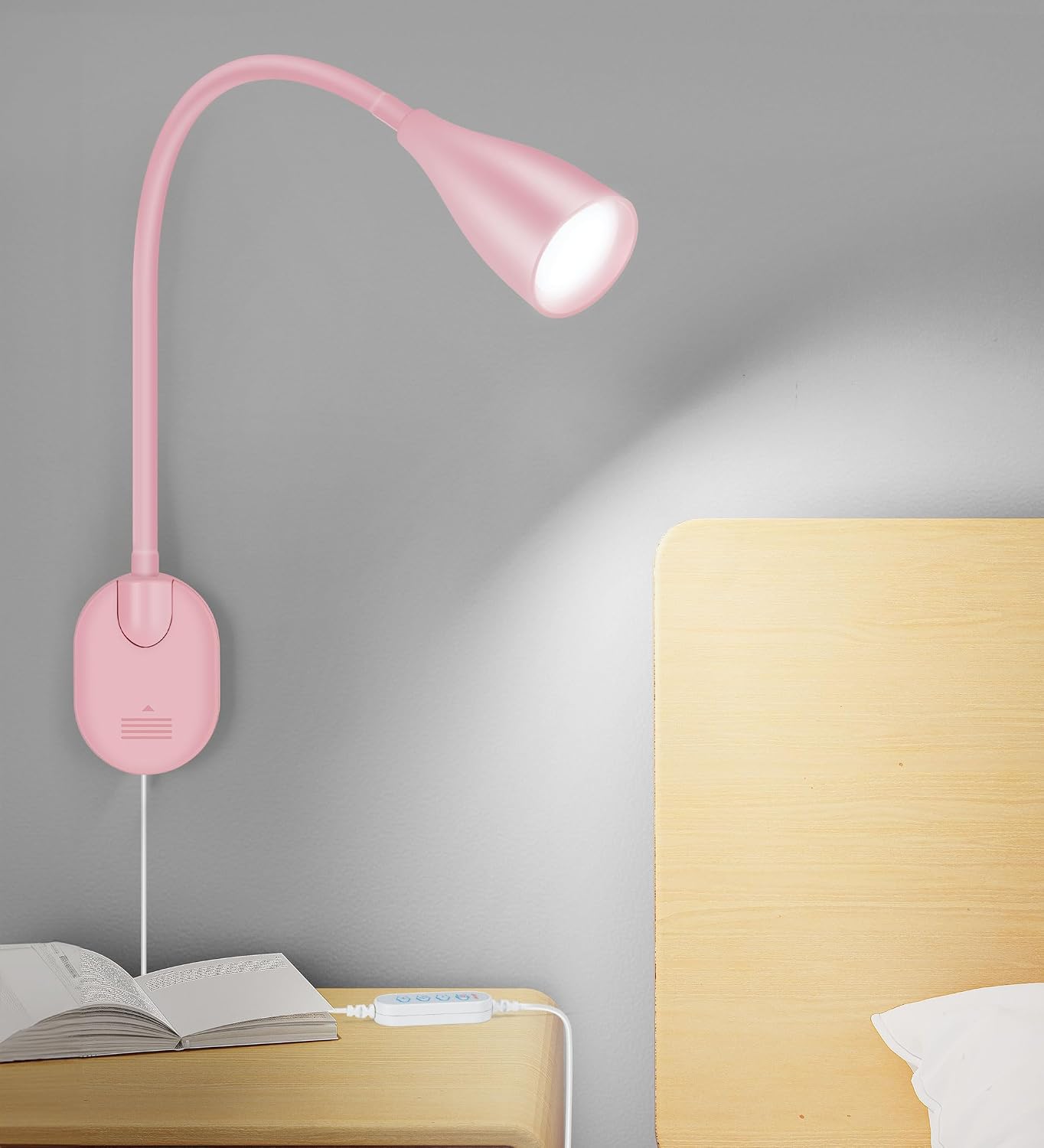 LiFMIRA Wall-Mounted LED Bedside Reading Light with USB Charging Port, 10-Level Dimmable & Adjustable 5 Color, Plug-in Adhesive Night Lamp for Books in Bed, Eye-Caring Bedroom Lighting (White)