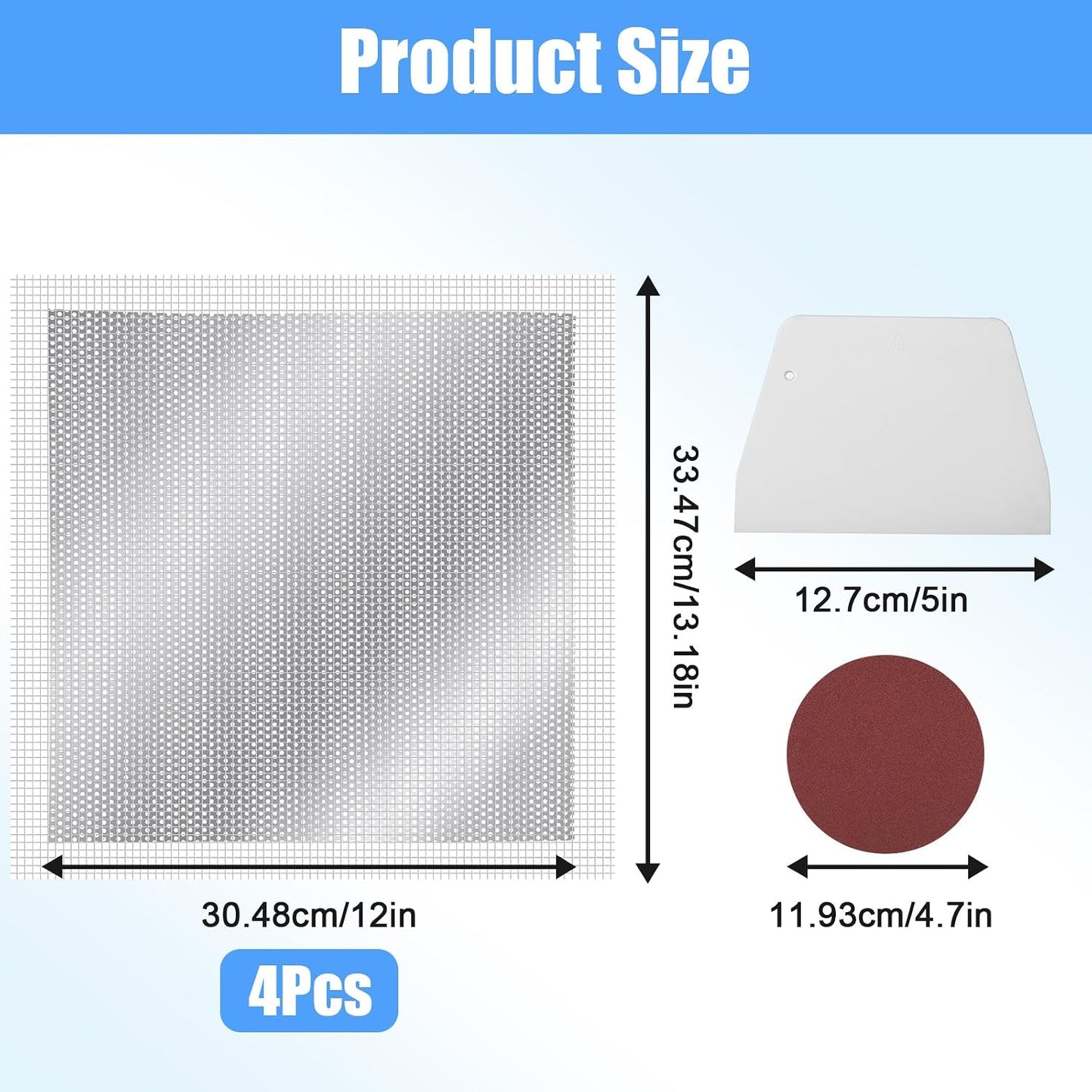 4 Pcs 12 Inch Drywall Repair Kit Self Adhesive Mesh Drywall Repair Patch Set with Scraper Heavy Duty Metal Dry Hole Patch Tools for Large Holes Wall Ceiling Tool(Scraper and 2 Pcs Sandpaper)