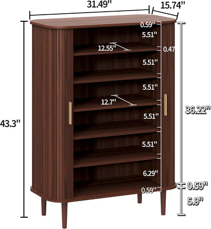 DHH Shoe Storage Cabinet with Sliding Door, 6-Tier Shoe Cabinet with Adjustable Shelves, Modern Freestanding Shoe Storage Organizer for Entryway, Hallway, Living Room (Walnut, 47 ")