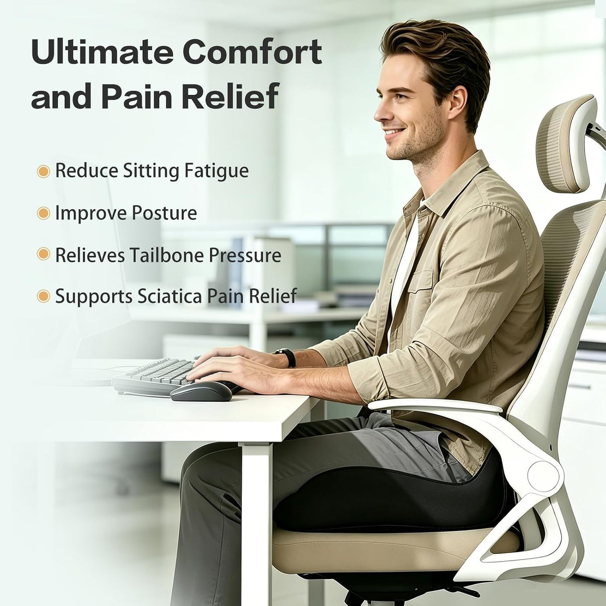 Memory Foam Seat Cushion for Sciatica & Tailbone Pain Relief – Comfort Support for Office Chair, Car Seat, Airplane, Long Sitting Workers & Drivers (Black)
