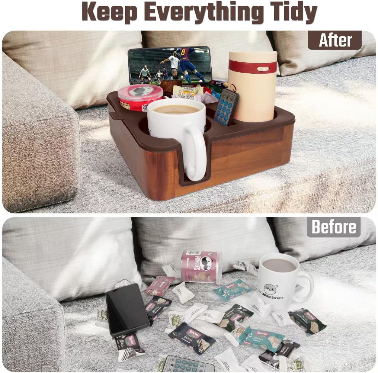 Couch Cup Holder Tray, Real Acacia Wooden Caddy with Soft Silicone, Snack and Drink Organizer- Perfect Movie Night Accessories for Bed, Remote and Cup Holders for Sofa (Black)