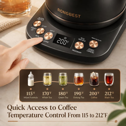 RONGBEST Electric Gooseneck Kettle 1L, 6 Temperature Control Presets, 1200W Quick Heating Water Pour Over Coffee & Tea Pot with Auto Shut-off & Keep-warm, Stainless Steel Inner & Lid, Matte Black