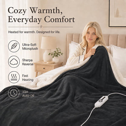 Electric Heated Blanket Full Size 72"x84" – Light Gray | ETL for Safe Overnight, 4 Heat Settings & 10H Auto Off, Dual-Sided Microplush Sherpa for Home Night, Machine washable
