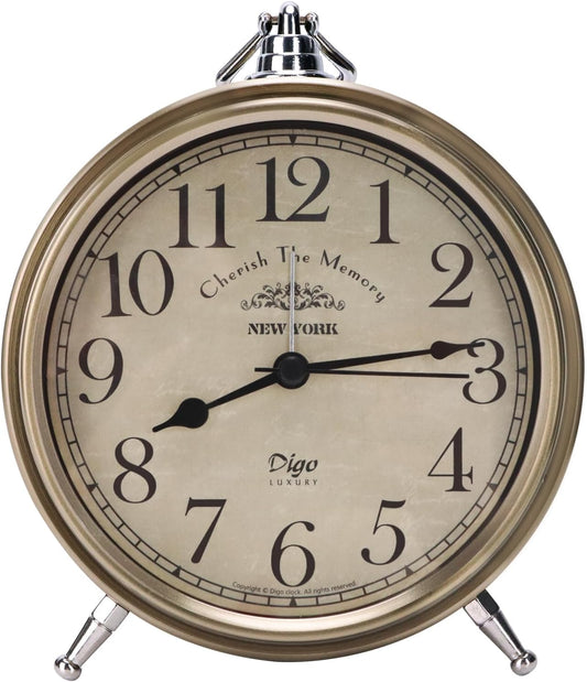 Maxspace Vintage Table Clock on Stand, Super Silent Non Ticking Silvery Small Analog Alarm Clock,Battery Operated, Decorative Clock for Bedside/Desk/Shelf (Arabic)