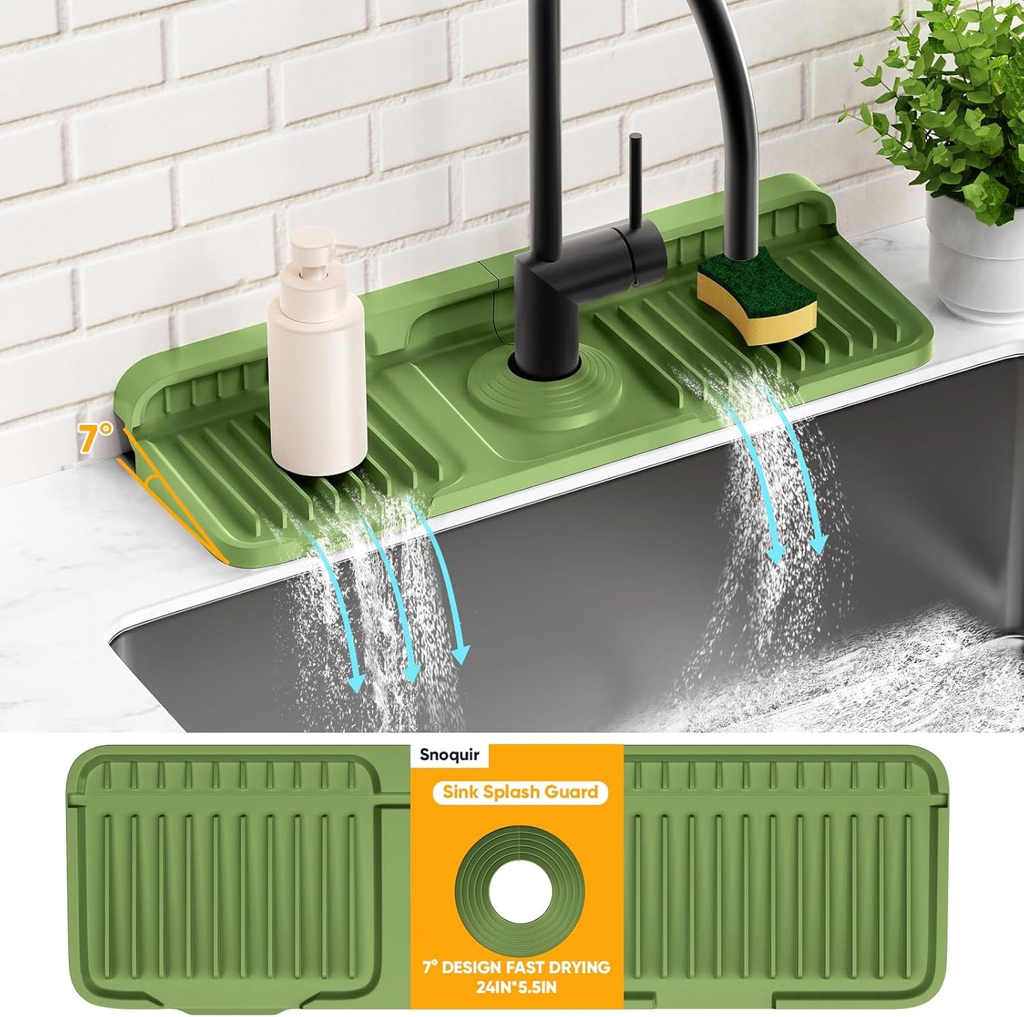 24'' Longer Faucet Mat for Kitchen Sink Splash Guard[7° Slope Fast Self-draining][Snap Lock Fit]Kitchen Sink Faucet Mat Splash Guard Kitchen Sink Area Water Splash Guard Behind Faucet Draining Mat