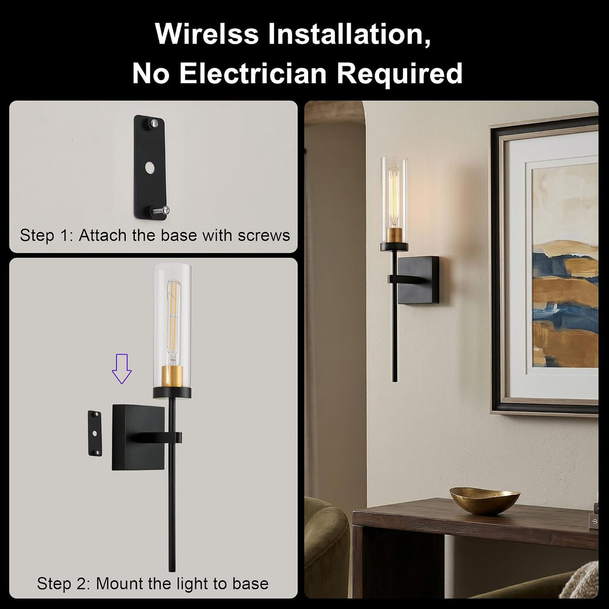 Wireless Wall Sconces with Remote Control, Battery Operated Wall Sconce Set of 2, Black & Gold Rechargeable Dimmable Wall Light for Bedroom Living room Bathroom Hallway Entryway Stairwell, 3000K