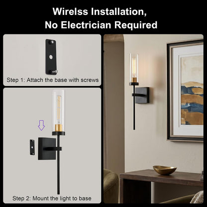 Wireless Wall Sconces with Remote Control, Battery Operated Wall Sconce Set of 2, Black & Gold Rechargeable Dimmable Wall Light for Bedroom Living room Bathroom Hallway Entryway Stairwell, 3000K