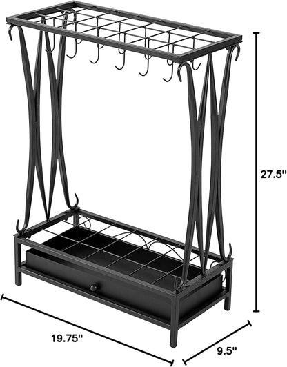 MyGift Modern Black Metal Umbrella Rack with 21 Slots and 12 Hooks and Removable Base Drip Tray