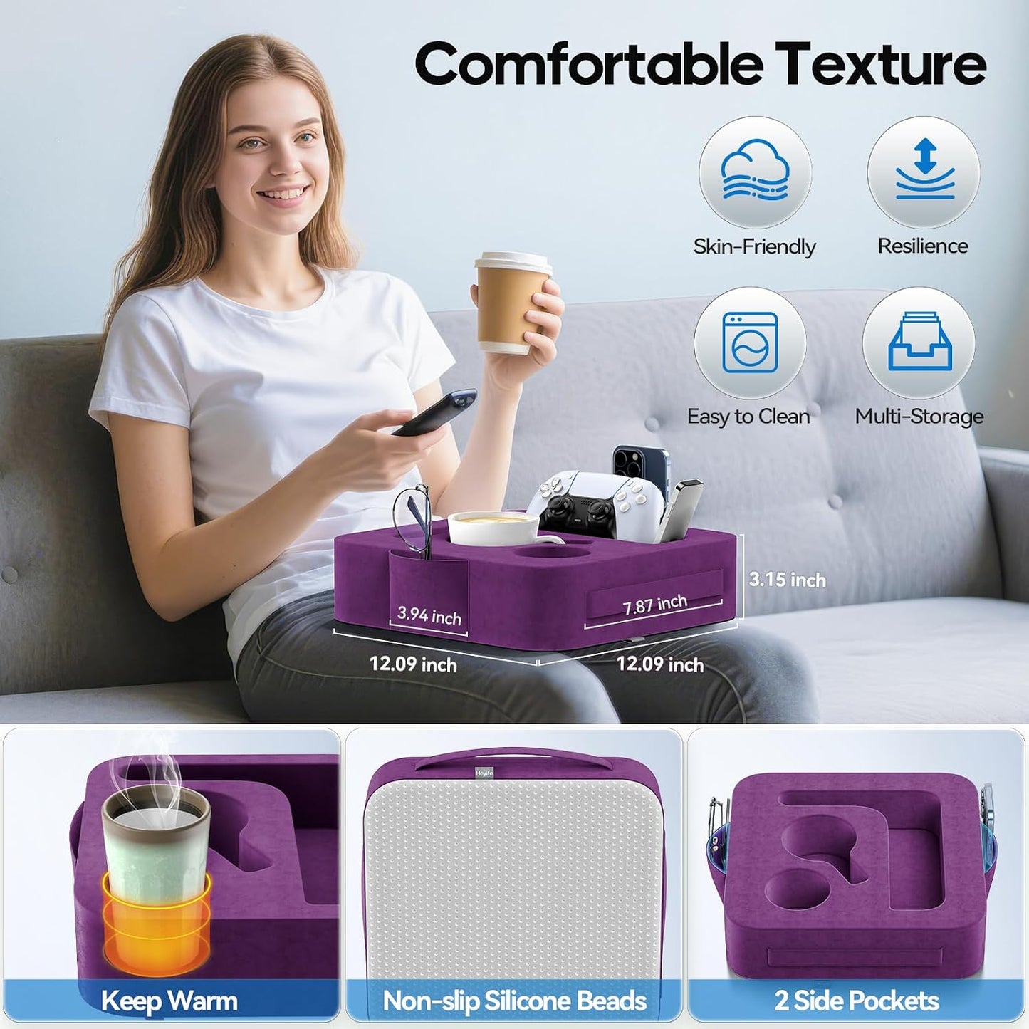 Couch Cup Holder Pillow, Sofa and Bed Caddy for iPad, Kindle, Switch, Game Controller, Remotes, Phones, Small-Sized Cup & Drink Holder for Couch, Bed, Desk, Car, Beach, Bathroom Cup Holder