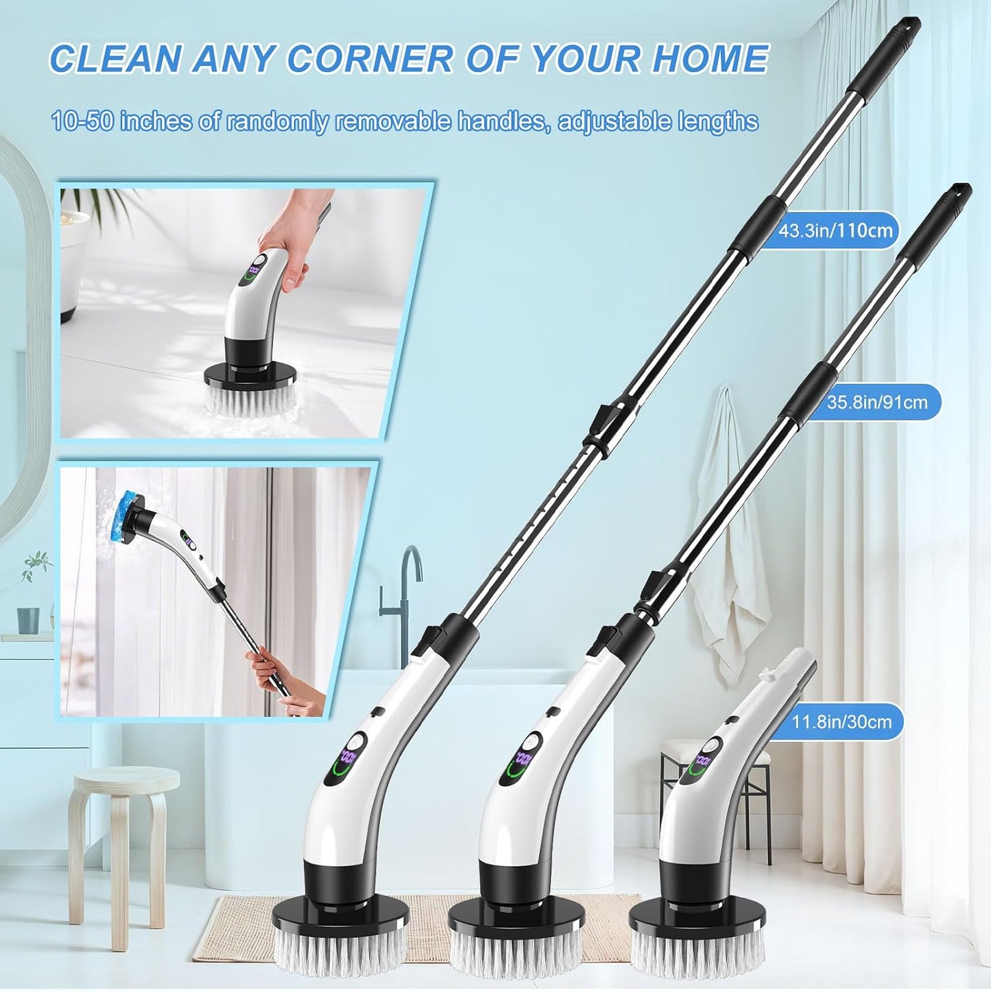 Electric Spin Scrubber - Cordless IPX7 Waterproof Shower Scrubber with 2 Speed Settings and 6 Replaceable Heads，Electric Cleaning Brush for Bathroom，Kitchen and Windows