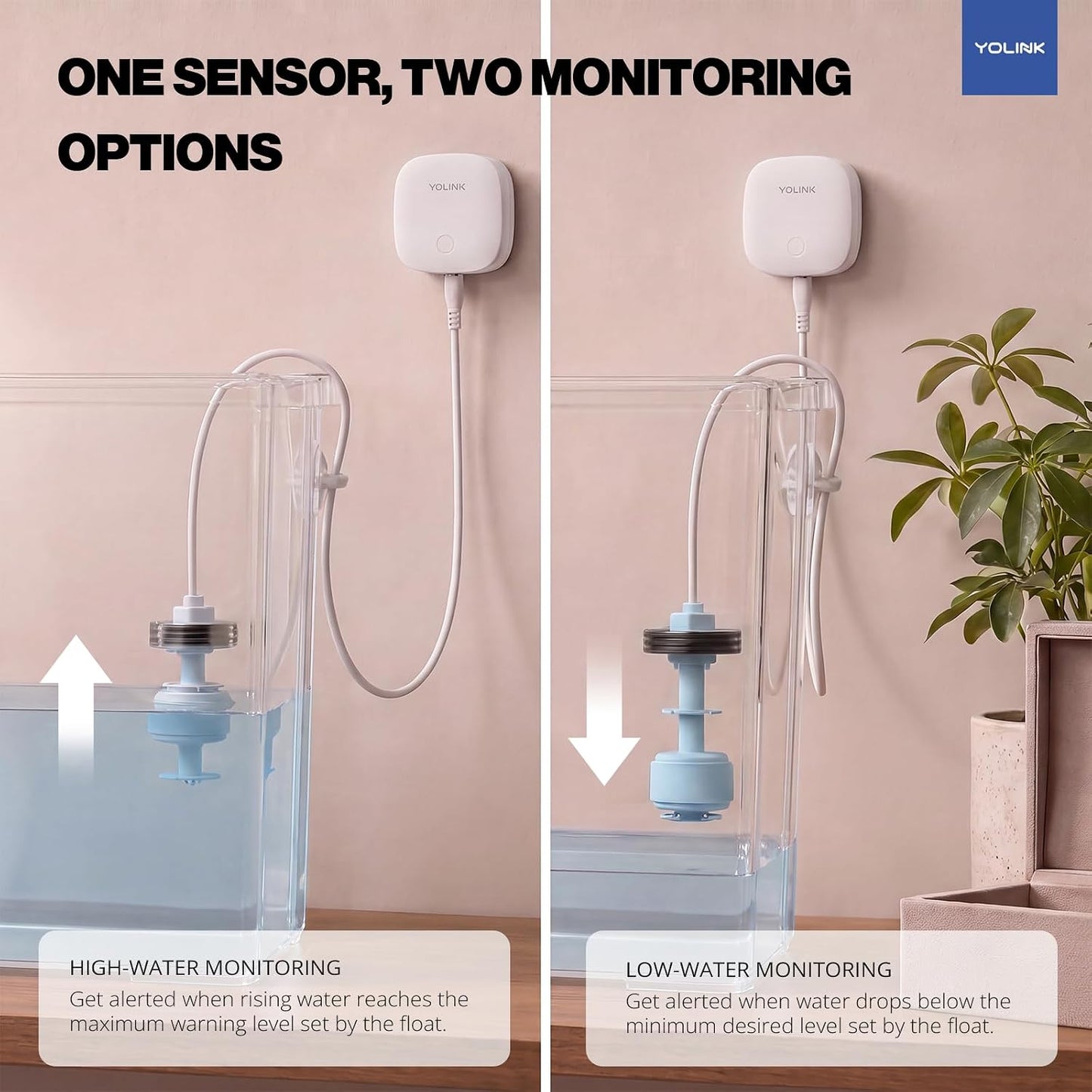 YoLink LoRa Smart Water Level Monitoring Sensor, Wireless Battery-Powered Float Switch Alarm, Sump Pump Alarm, AC Condensate Overflow, Tank Level, Toilet Leak Sensor, 105dB Siren, YoLink Hub Required