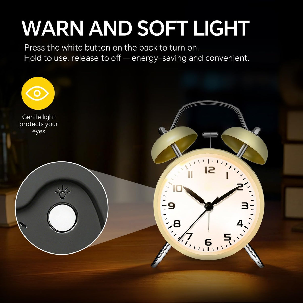 4.5" Metal Loud Alarm Clock for Heavy Sleepers Adults, Analog Battery Operated Alarm Clock with Bells Glow in Dark Numbers, Silent Old School Bedside Desk Clock for Bedroom Office Kids, Black