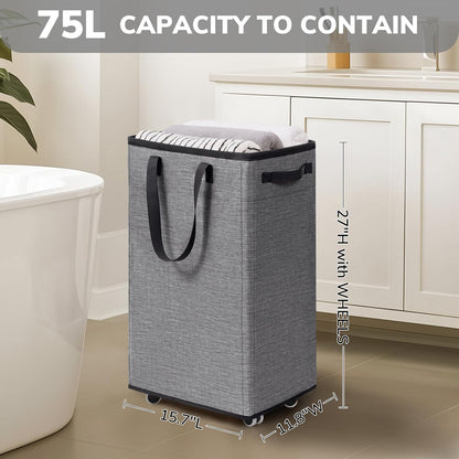 Goodpick 75L Laundry Basket with Wheels & Removable Wash Bag for Dorm | Rolling Laundry Basket with Handles for Dirty Clothes, Fodable Hamper for Laundry Room, Dorm Room Essentials, Grey