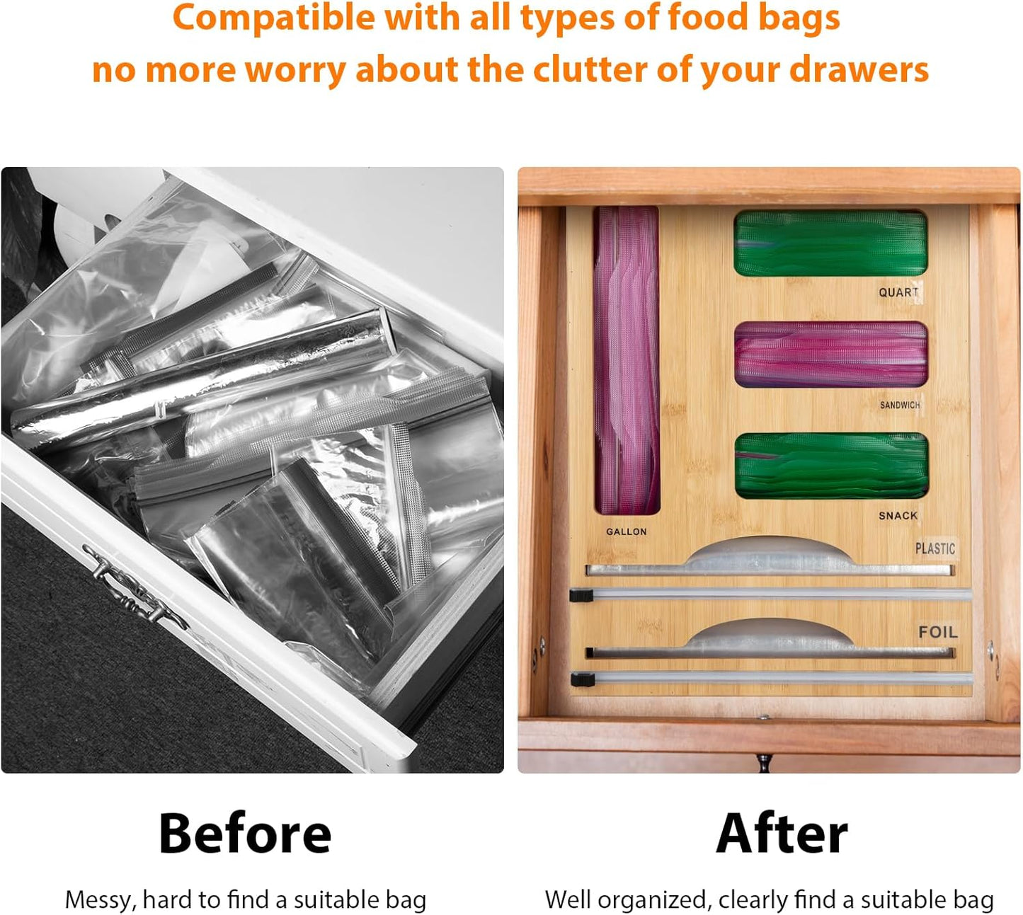 Storage Bag Organizer with Foil and Plastic Wrap Organizer , Aluminum Foil Dispenser with Cutter, Bamboo 6 in 1 Baggie Organizer Suitable for Gallon, Quart, Sandwich, Snack