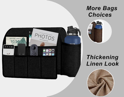 Ntomtuex Sofa Armchair Caddy Remote Control Holder with Water Bottle for Couch Recliner, Armrest Organizer with 7-Pocket Design for Magazines, Eyeglasses, iPad, Phone, Dark Grey