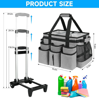 Large Rolling Cleaning Caddy Bag with Detachable Trolley,Cleaning Cart on Wheels with Shoulder Strap,Cleaning Supplies Organizer for Housekeepers,Purple