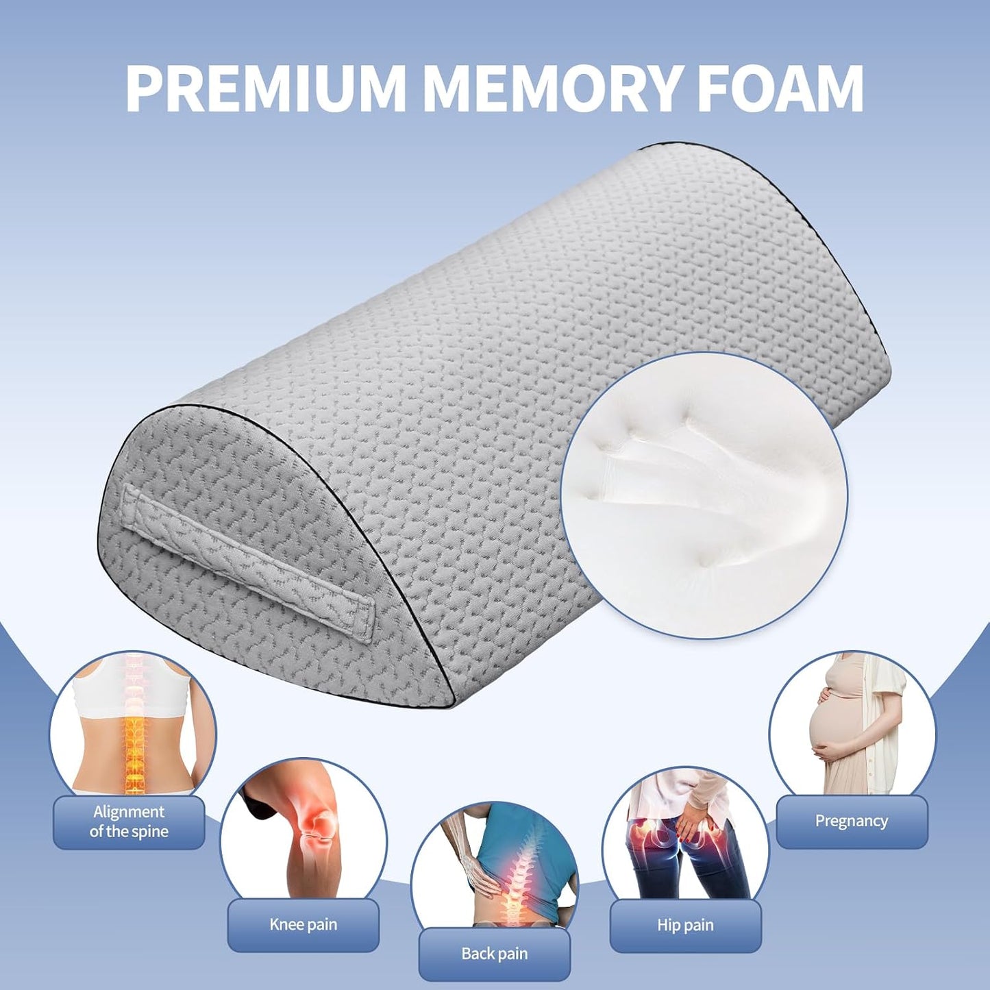 Memory Foam Knee Pillow for Back Sleepers, Spinal Alignment, Gray | Teardrop shape, leg cradle, 22"x10"x6", machine-washable cover, cooling air-layer, post-surgery & side sleep use
