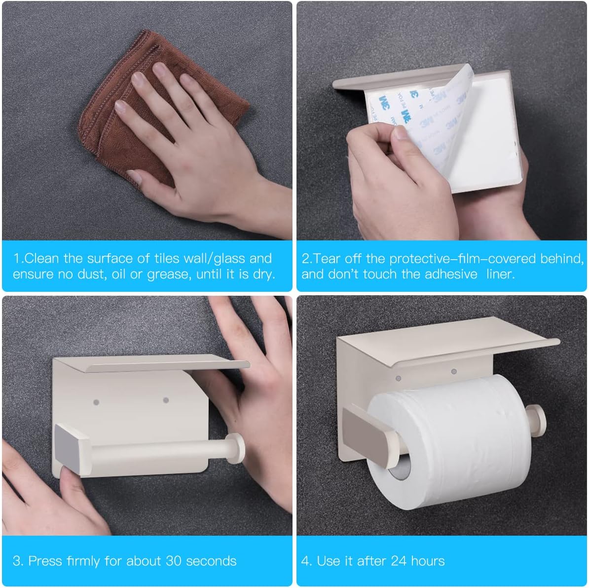 VAEHOLD Self Adhesive Toilet Paper Holder with Phone Shelf Stainless Steel Wall Mounted Toilet Paper Roll Holder - Rustproof and Bathroom Washroom Tissue Roll Holder with Shelf - Black