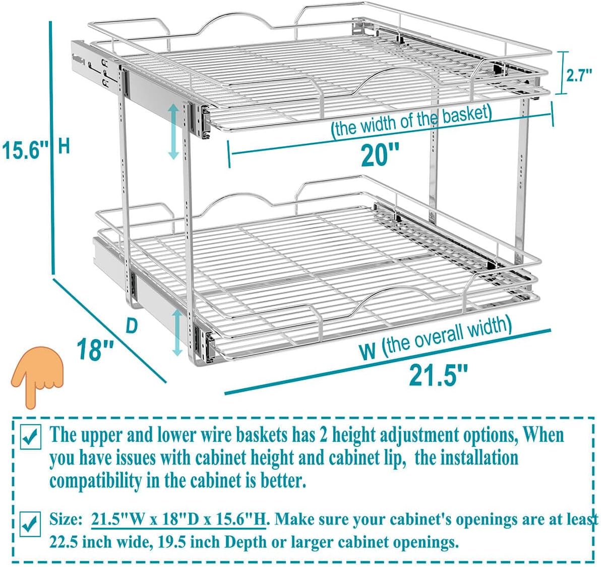 OCG Pull Out Cabinet Organizer (15" W x 21" D), Pull out Drawers, Cabinet Pull Out Shelves for Base Cabinet Organization in Kitchen Bathroom Pantry, Bottom Mount, Chrome Finish