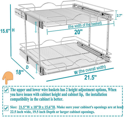 OCG Pull Out Cabinet Organizer (15" W x 21" D), Pull out Drawers, Cabinet Pull Out Shelves for Base Cabinet Organization in Kitchen Bathroom Pantry, Bottom Mount, Chrome Finish