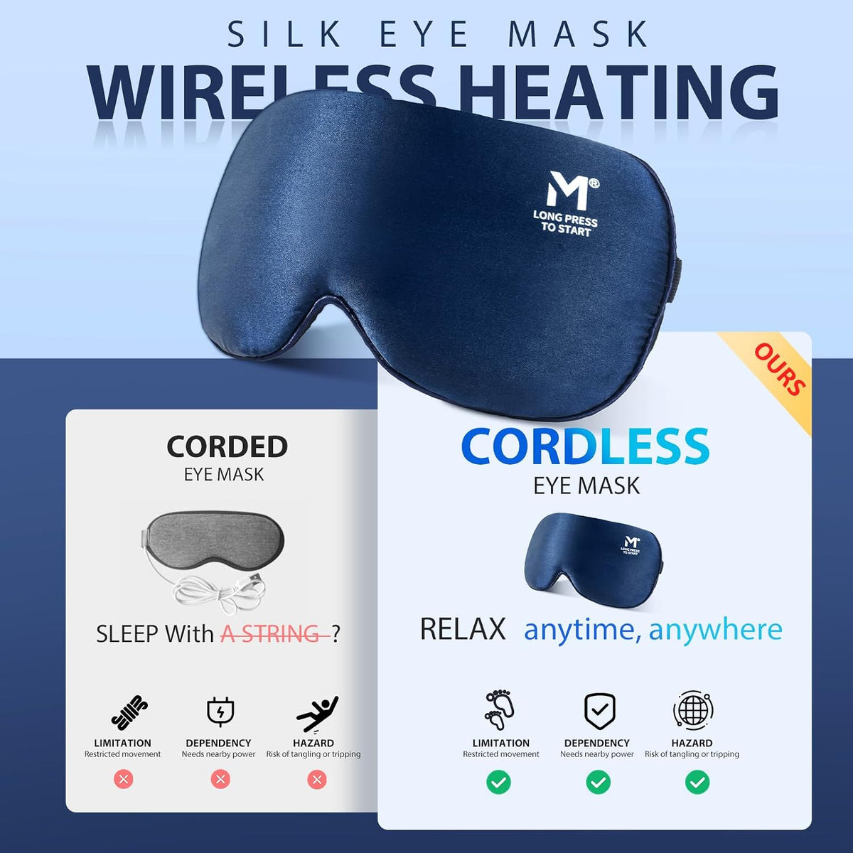 Silk Cordless Heated Eye Mask, Washable Heat Eye Compress for Dry Eye Electric Eye Heating Pad Warm Eye Mask for Eye Fatigue Stye Sinus Blepharitis MGD Gifts for Men Women - MerSun