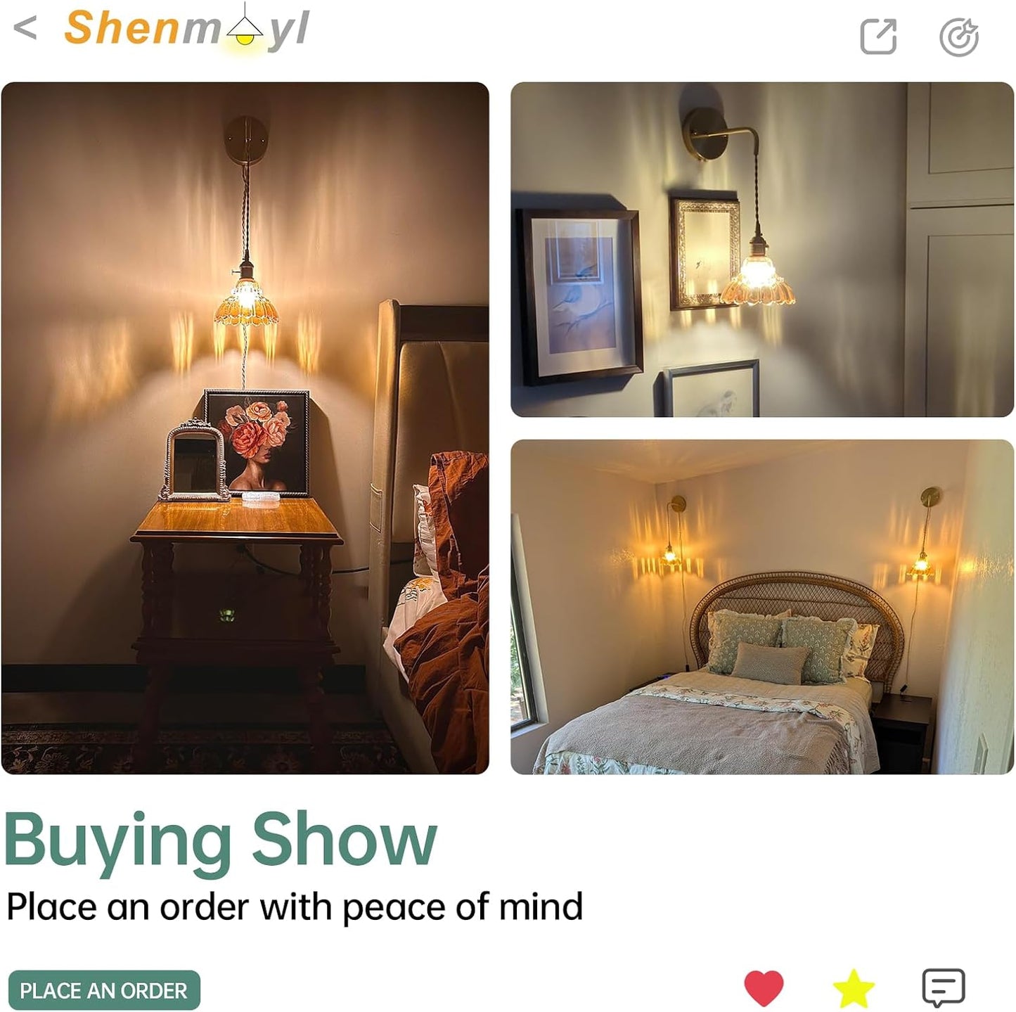 Shenmoyl Battery Operated Wall Sconce Wall Lamp with Green Lily of the Valley Shade Pattern Glass Adjustable Chain Retro Gold Wall Mounted Light, Modern Wall Lamp Fixtures Decor for Bedside Bedroom