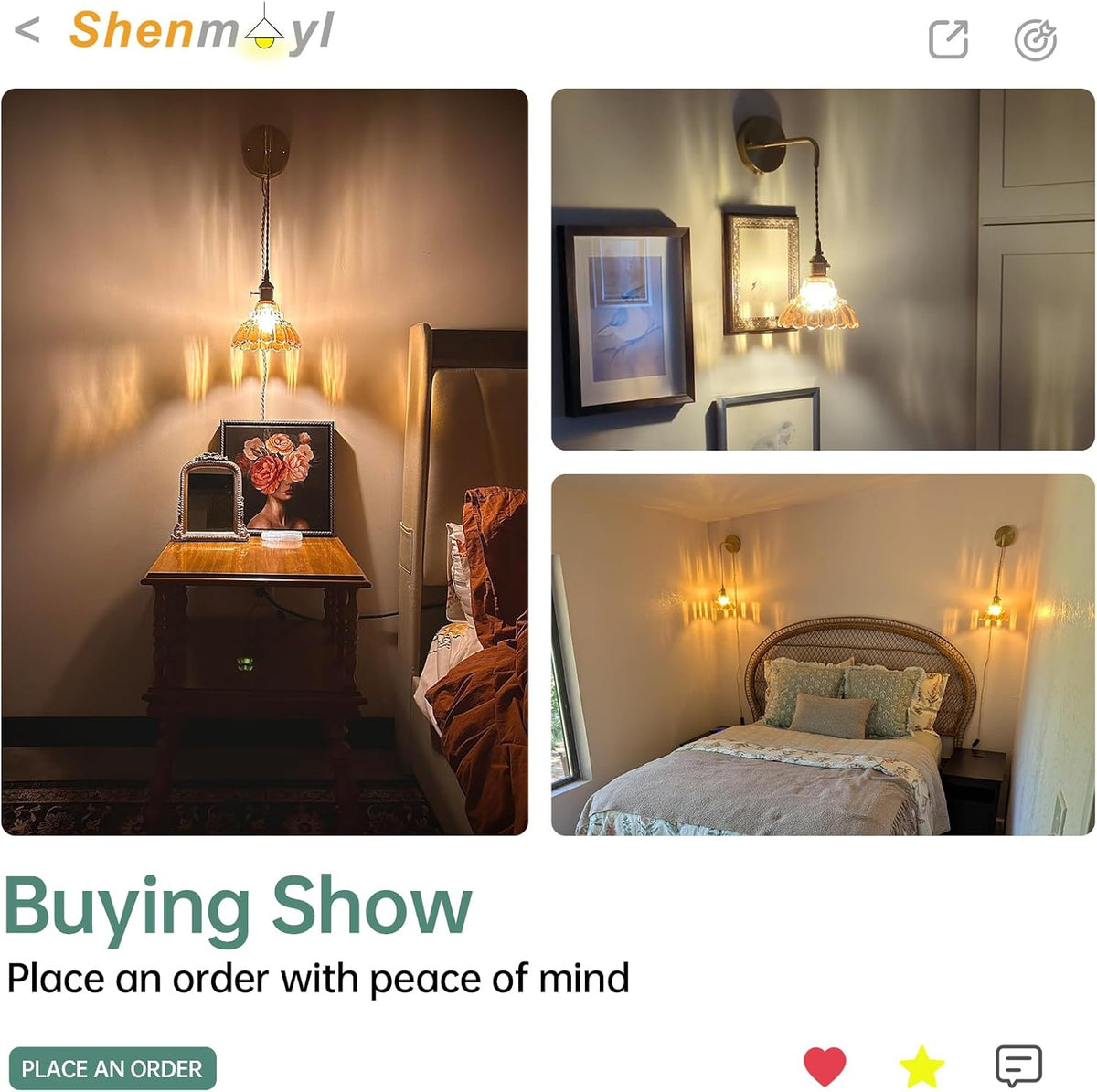 Shenmoyl Battery Operated Wall Sconce Wall Lamp with Green Lily of the Valley Shade Pattern Glass Adjustable Chain Retro Gold Wall Mounted Light, Modern Wall Lamp Fixtures Decor for Bedside Bedroom