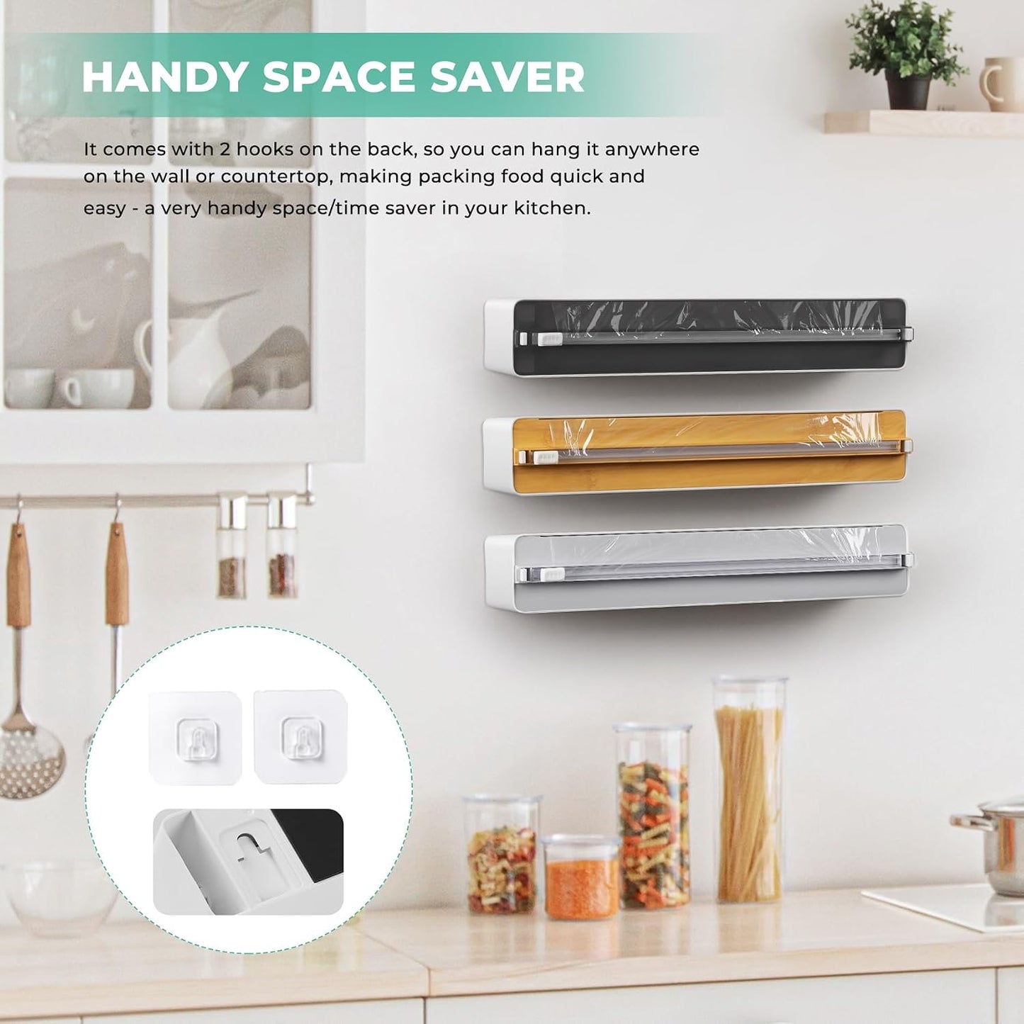 Magnetic Plastic Wrap Dispenser with Cutter - Practical Refillable Aluminum Tin Foil and Plastic Wrap Organizer for Drawer, Including an Extra Roll of 12"X 164' Food Cling Film - Black