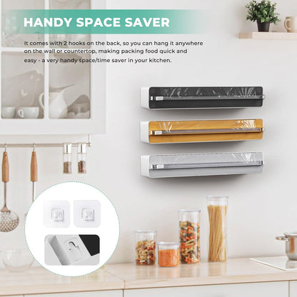 Magnetic Plastic Wrap Dispenser with Cutter - Practical Refillable Aluminum Tin Foil and Plastic Wrap Organizer for Drawer, Including an Extra Roll of 12"X 164' Food Cling Film - Black